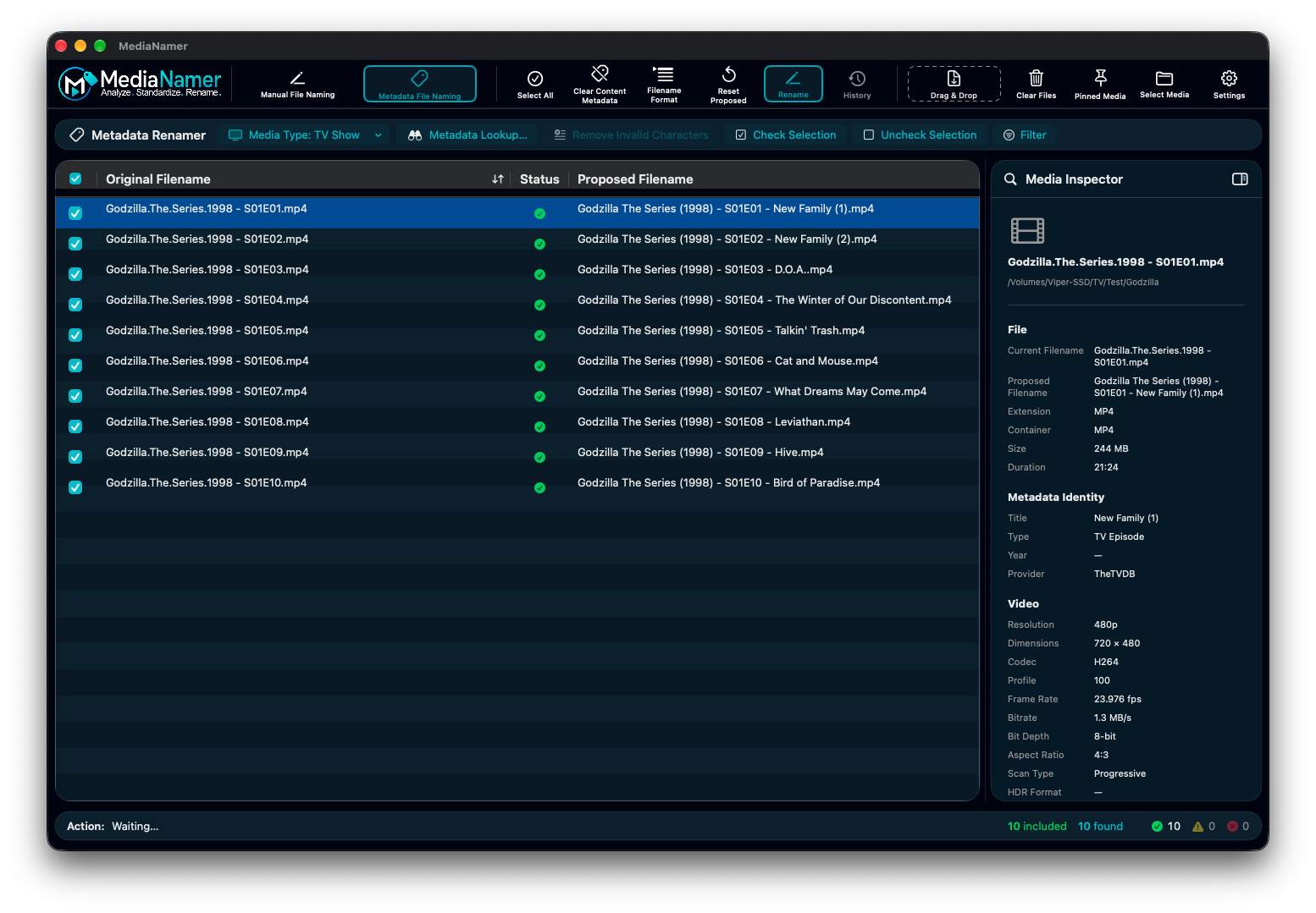 MediaNamer on macOS, showing original and proposed filenames side by side with a detailed media inspector